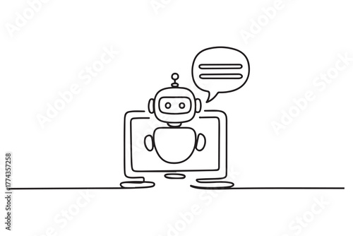Continuous one line drawing Online communication with chat bot concept. one line Icon drawing with white background