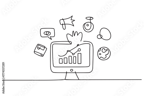 Single one-line drawing digital marketing social media. Market digital concept. one line Icon drawing with white background