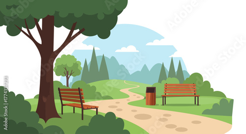 A park scene with benches, a trash can, a winding path, trees, and a mountain backdrop.