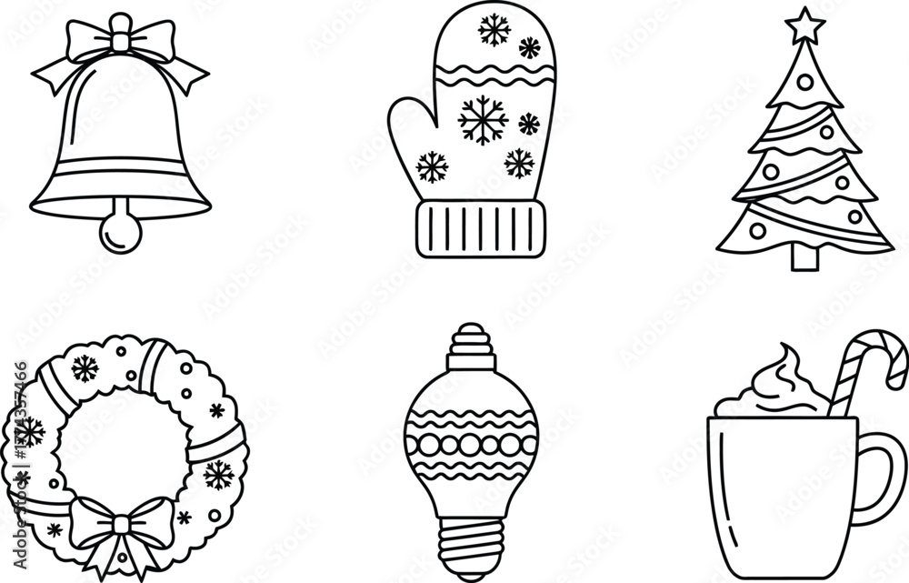 Fototapeta premium Christmas icon set with bell, mitten, tree, wreath, ornament, and hot chocolate