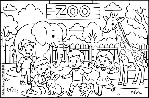 hand drawn vector doodle illustration of fairy tale characters in the zoo coloring page for kids line art