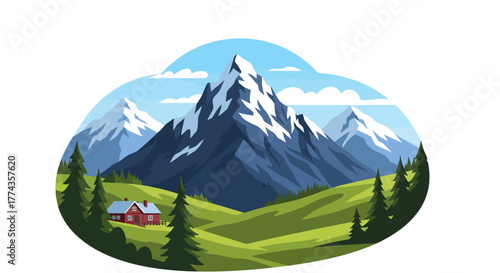 A picturesque landscape featuring snow-capped mountains, green hills, trees, and a small house.