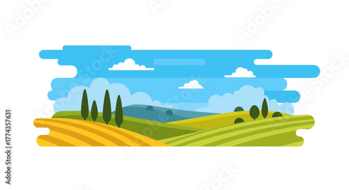 A stylized landscape illustration featuring rolling hills, fields, trees, and a blue sky with fluffy clouds.