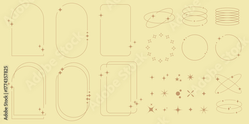Modern minimalist aesthetic line elements set. Linear geometric frames and forms with stars.