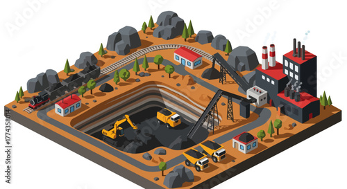 Isometric Mining Vector – Coal and Nickel Industry Illustration with Heavy Equipment - Mining Industry Vector – Coal and Nickel Extraction