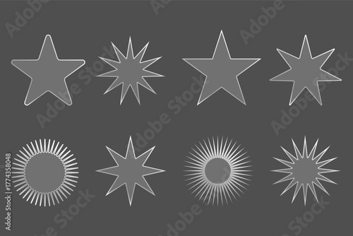 Eight silver star and sun shaped images are aligned on a grey backdrop