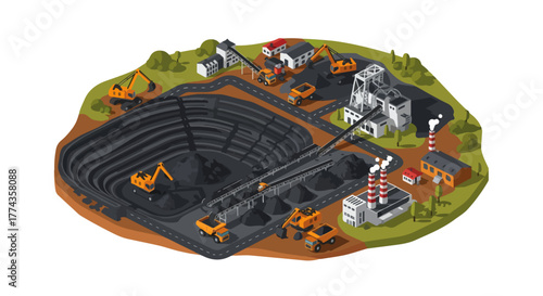 Isometric Nickel Coal Mining Vector – Coal and Nickel Industry Illustration with Heavy Equipment - Mining Industry Vector – Coal and Nickel Extraction