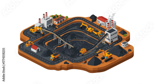Isometric Coal Mining Vector – Coal and Nickel Industry Illustration with Heavy Equipment - Mining Industry Vector – Coal and Nickel Extraction