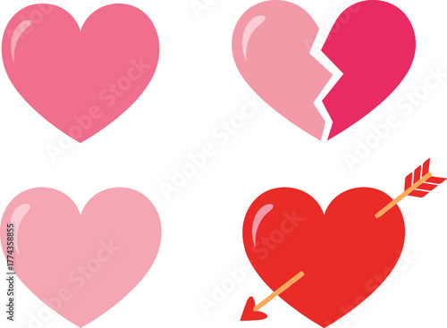 Four hearts with different meanings including broken hearts and love arrow on