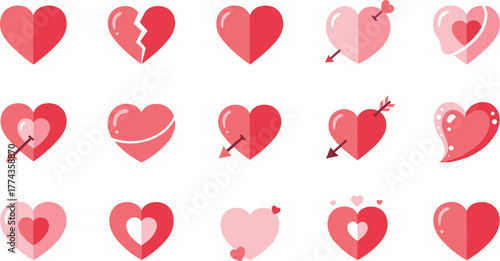 Collection of red and pink paper hearts various designs symbolic love romance celebration valentines day