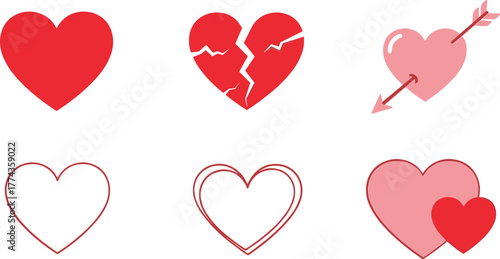 Collection of six diverse heart symbols showcasing love romance and heartbreak for creative projects