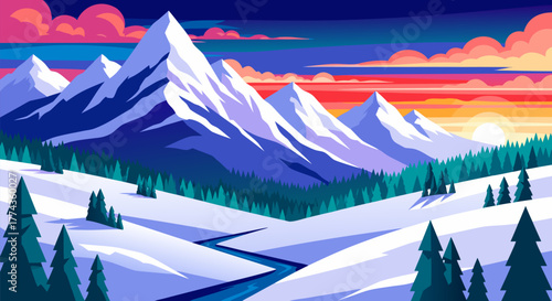 Winter Wonderland Majestic Snowy Mountains, Serene Valley Landscape at Sunset or Sunrise, Vector Illustration
