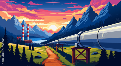 Majestic energy pipeline traversing a vibrant mountain landscape under a colorful sunset sky, highlighting industrial infrastructure, resource transportation, and economic development