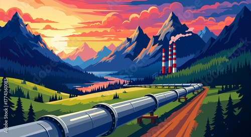 Captivating vector art of a massive energy pipeline winding through a stunning mountain valley at sunset, highlighting crucial infrastructure within a natural setting