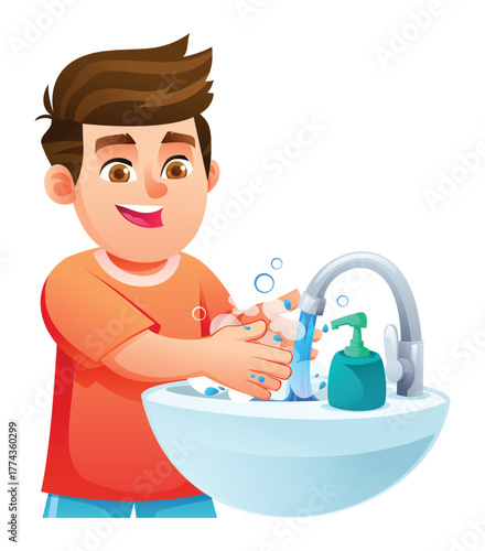 Happy boy scrubbing his hands under running water with a push dispenser for essential sanitary habits. Vector cartoon illustration