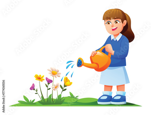Smiling girl watering colorful flowers growing from the ground using watering can. Vector cartoon illustration