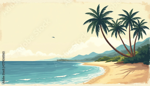 Tropical beach illustration calm turquoise lagoon fringed by palm trees, rich hills. Serene coastline invites relaxation with golden sand, clear water. Ideal for travel brochures, vacation marketing
