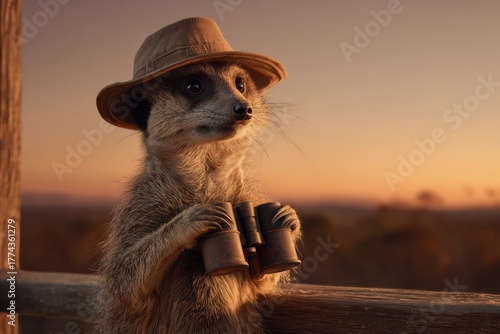 Meerkat standing on wooden tower alert and observant
