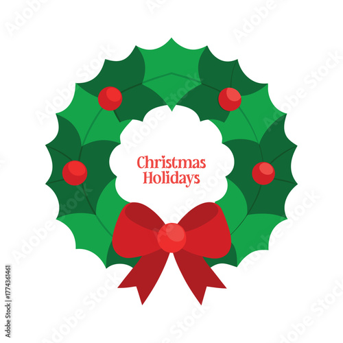 christmas wreath with dark green leaves, holly berries, and ribbon