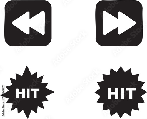 Black and white rewind and fast forward buttons with hit labels on a white surface, conveying a sense of playfulness and retro nostalgia.