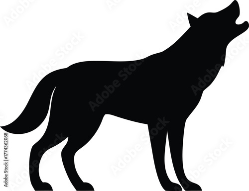 A black silhouette of a wolf, howling at the moon, on a dark background.
