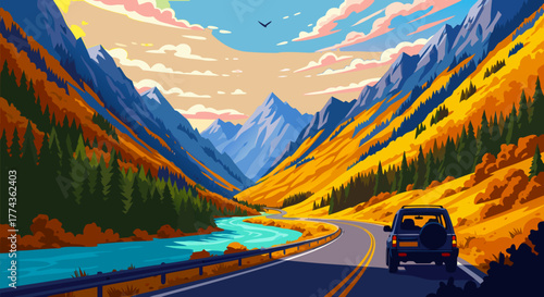 Scenic Autumn Drive Car Journey Through a Mountain Valley with Vibrant Colors and Natural Beauty