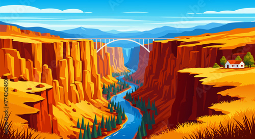 Scenic canyon landscape with a river and a bridge, vibrant illustration in a colorful style for nature