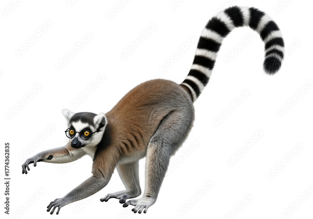 Obraz premium Ring-tailed lemur madagascar primate wildlife animal mammal tail stripes isolated photo image stock photography isolated on transparent background