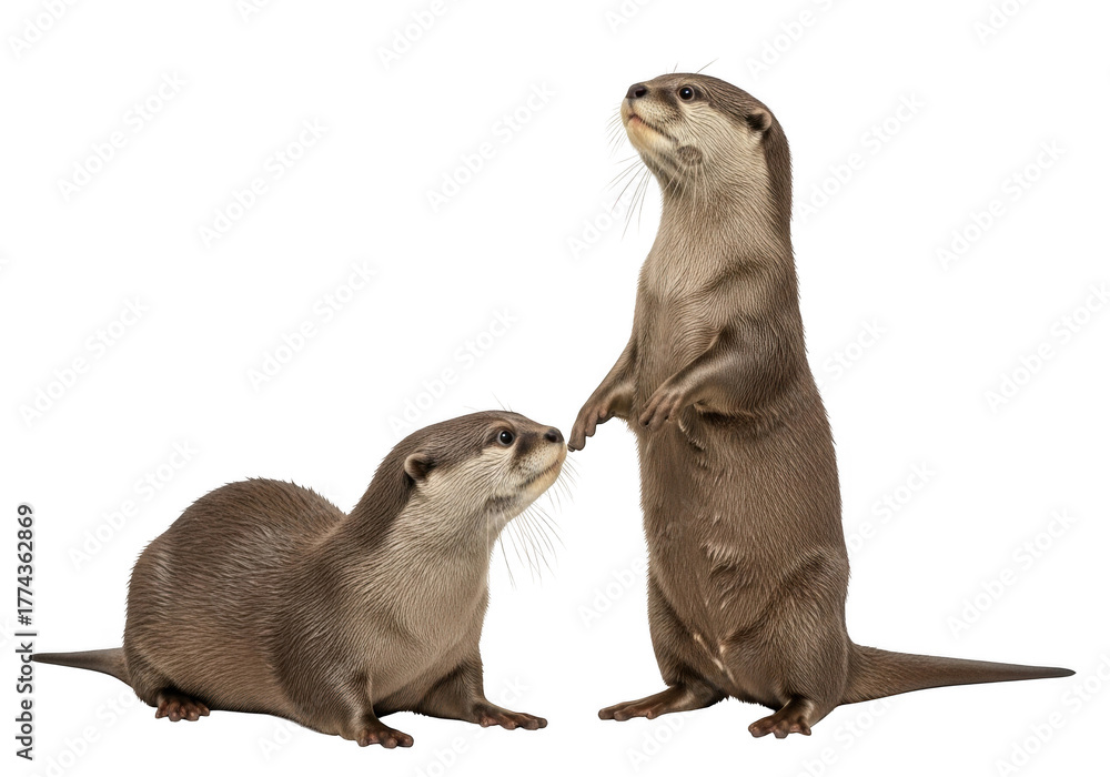 Fototapeta premium Two cute river otters standing and sitting looking upward wildlife animal mammal aquatic fauna otter isolated on transparent background
