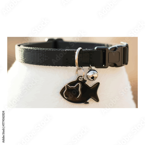 Closeup of a black cat collar with a fishshaped tag and a bell, isolated on white background a stylish and safe accessory for feline friends