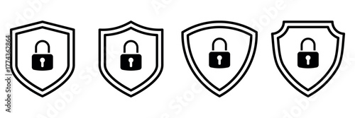 Security shield icons with lock symbol. Black outline padlock inside different shield shapes. Editable stroke. Concept of protection, privacy, safety, encryption, and secure access