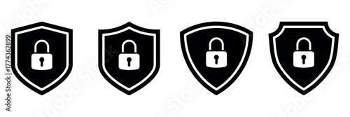 Black security shield icons with padlock symbol. Set of protection and privacy shields for data, network, and digital safety. Concept of cyber defense, encryption, and secure access