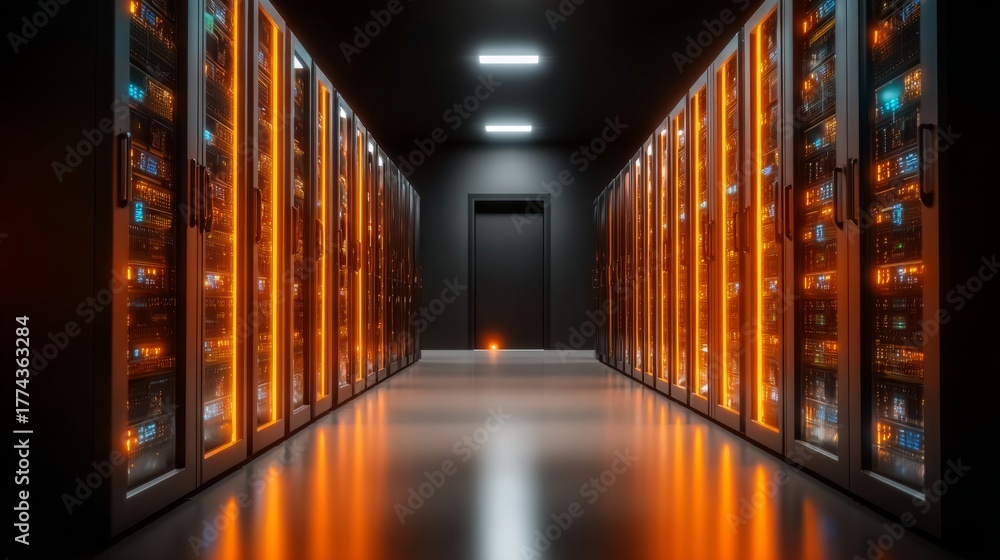 Fototapeta premium ultra modern AI datacenter interior, endless rows of glowing server racks, cool blue lighting, sleek futuristic design