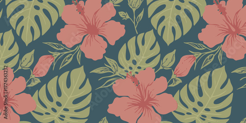 Seamless pattern with Hibiscus flowers and Monstera leaves