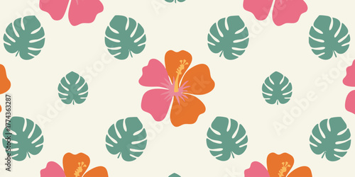 Tropical Floral Seamless Pattern with Hibiscus Flowers and Monstera Leaves - Summer Design