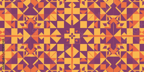 A vibrant and symmetrical geometric pattern featuring intricate tribal-inspired ornamentation with a kaleidoscope effect in shades of purple, orange, and yellow