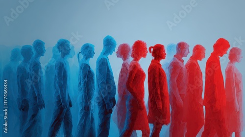 Silhouetted figures in blue and red moving forward in a rhythmic pattern during a creative art display