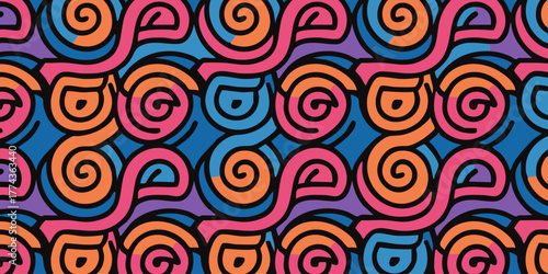 Dynamic abstract art with a seamless repeating pattern of colorful, interlocking swirls and spirals for a vibrant background