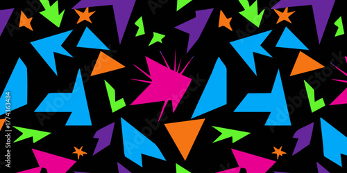A vibrant and energetic seamless pattern concept with retro 80s geometric shapes in bright neon colors like arrows and stars on a black background