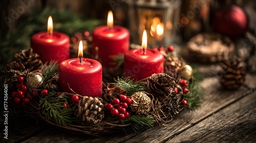 Stunning Christmas Advent Wreath with Red Candles and Natural Pine for a Warm Holiday Celebration
