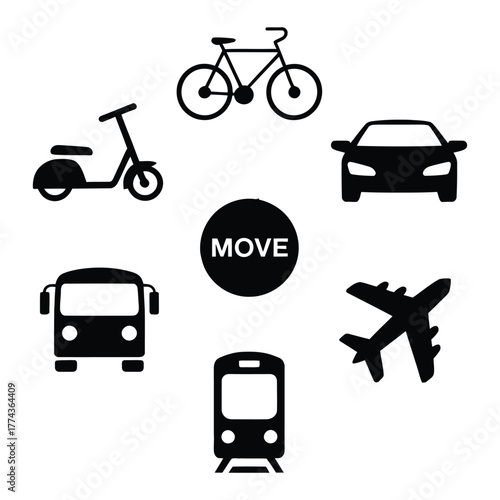 Transportation icons including bicycle, scooter, car, bus, airplane, and train, all surrounding the word move