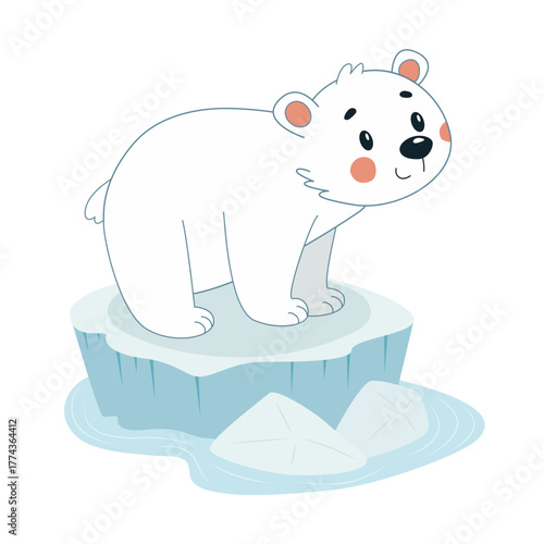 Cute polar bear cub standing on an iceberg in water, cartoon illustration. Concept of Arctic animal, climate change