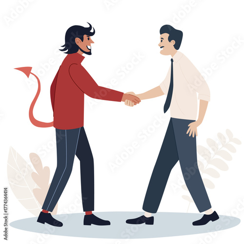 Devil in red clothes with horns shaking hand with man in shirt and tie. Unfair business deal. Bad contract or agreement concept illustration.