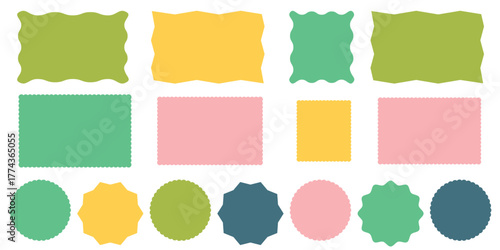 Square silhouette shapes with scallop and zigzag edges. Geometric squared wavy frames set.