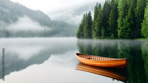 Fototapeta Naklejka Na Ścianę i Meble -  A tranquil scene of a wooden canoe or boat docked on a calm misty lake surrounded by a dense lush green forest in a remote natural landscape