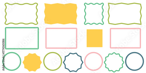 Square silhouette shapes with scallop and zigzag edges. Geometric squared wavy frames set.