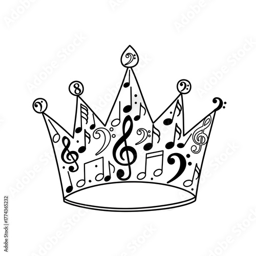 Black & white image of a crown filled with musical notes and symbols. A decorative top-tier musical emblem