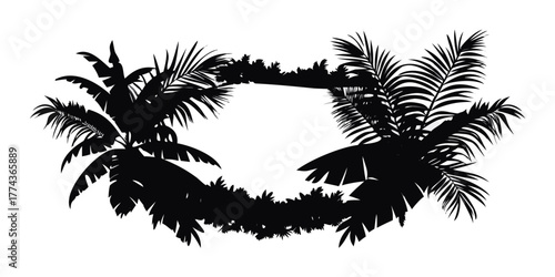 Palm leaves create a frame around a black silhouette of banana tree foliage. This exotic plant border showcases rainforest greenery with tropical branches, offering a decorative floral contour.