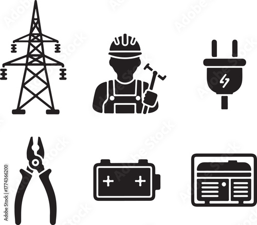 Electricity services icons: high voltage tower, electrician worker with tools, plug, pliers, battery, and generator for power supply isolated on white background, Vector, illustration