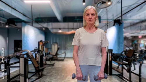 Elderly Woman In Modern Gym Holding Dumbbells During Focused Strength Training 